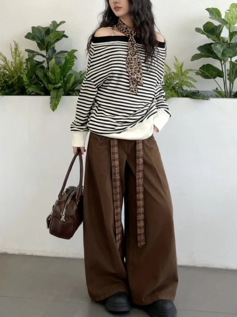 百搭条纹辣妹美式一字肩休闲风上衣宽松打底秋季老钱风慵懒风高腰