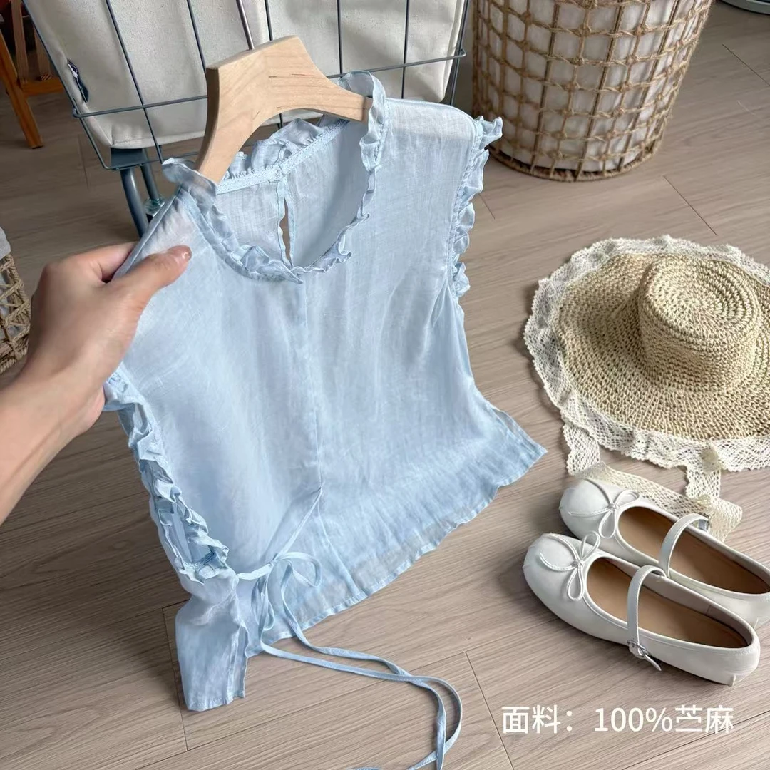 小柒家A00233-新款夏季韩系甜美蓝色木耳边圆领系带苎麻小衫