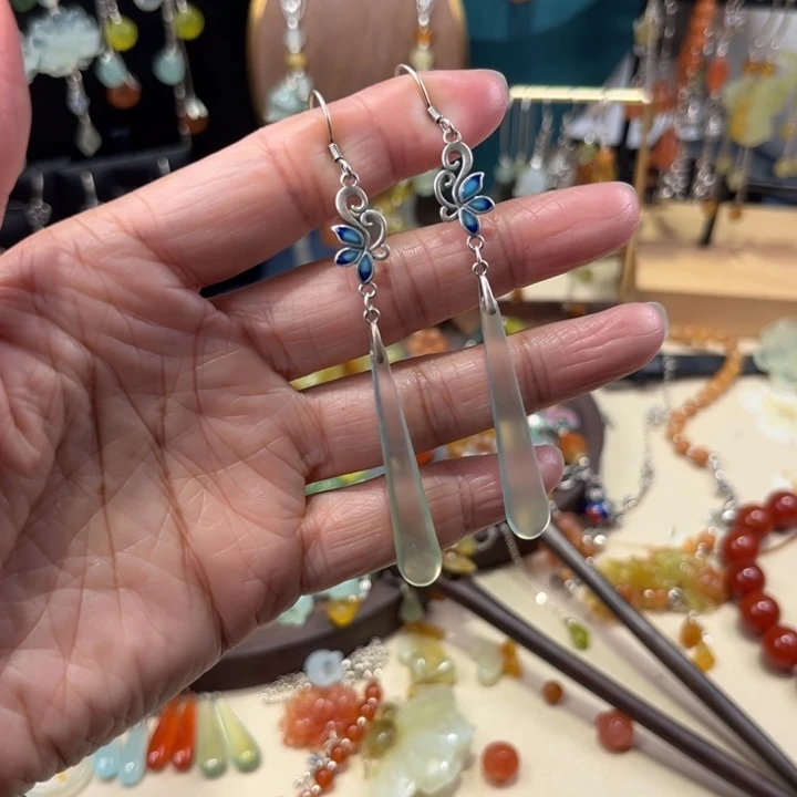 蛇纹石玉银S925镶嵌耳饰