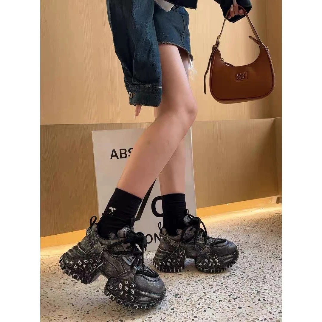 C2208 黑色  时尚百搭厚底圆头系带女休闲老爹鞋