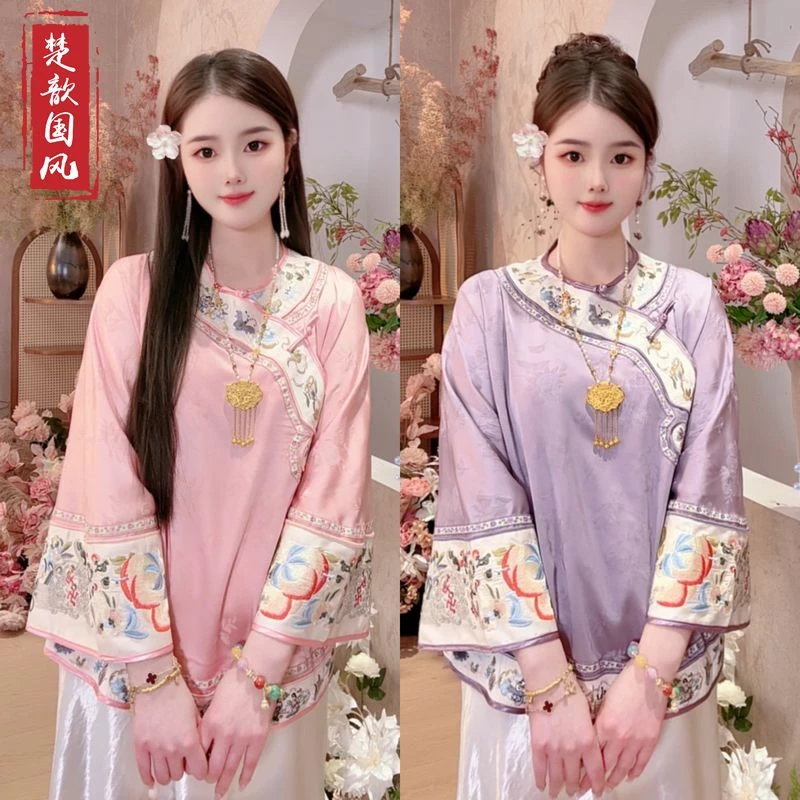 【桃夭夭】2025春夏季新款上衣小衫新中式国风圆领绣花长袖衬衫女款