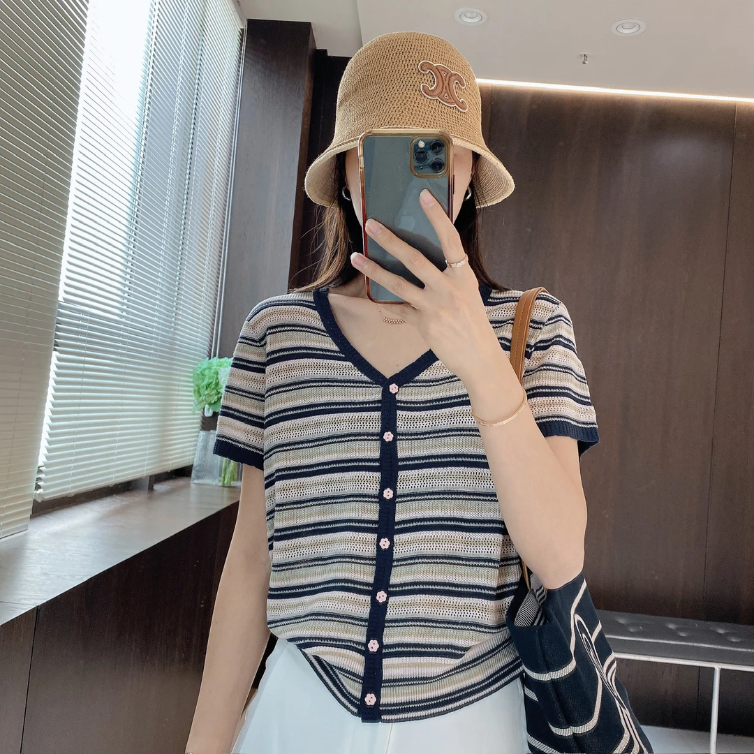 IMFLY金小金自制女装 针织衫DYW9271夏季条纹针织上衣小众高级感