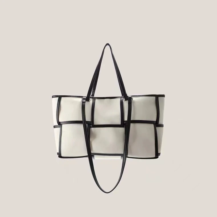 DALU【棋盘格】格子拼接通勤单肩大容量帆布托特托特包撞色