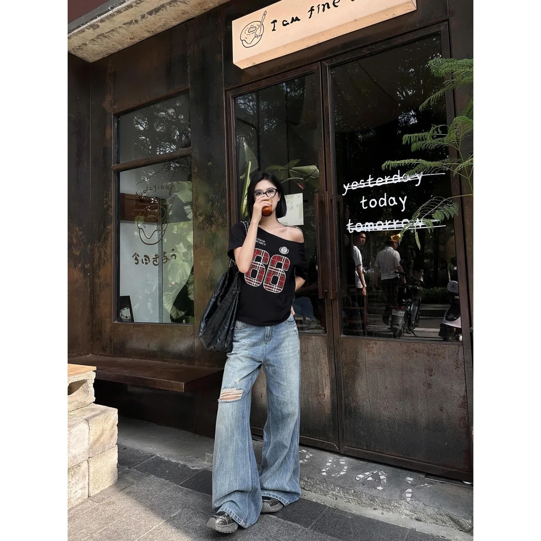 YWBY辣妹纯欲风一字领短袖女t恤穿搭休闲夏季新款小众设计感上衣