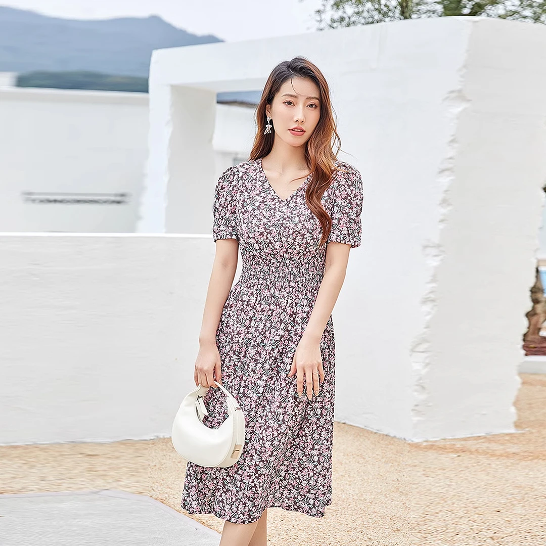 高端【恒Z】V领松紧腰显瘦雪纺印花百搭洋气连衣裙夏装品牌撤BZ021