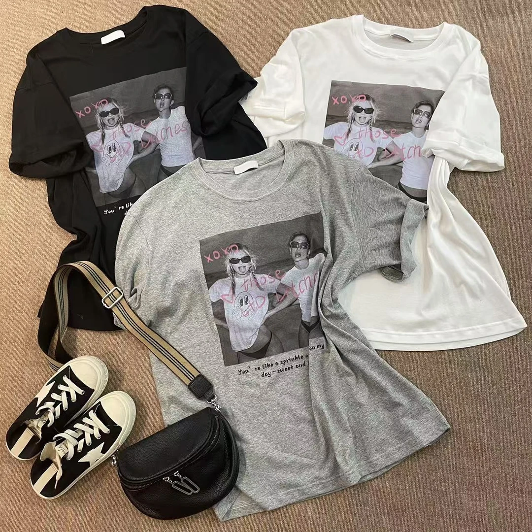 【海边女孩】夏季新款欧美时尚字母人物印花设计感短袖T恤上衣