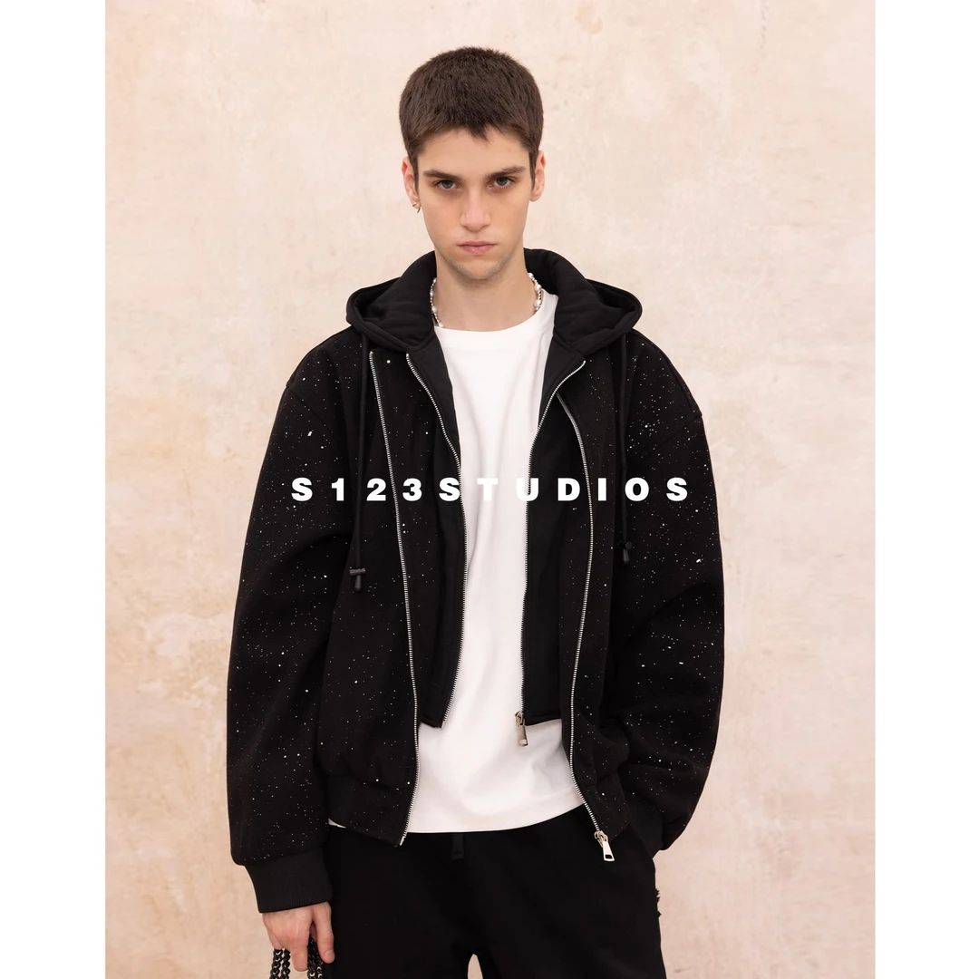 S123 美式休闲满天星假两件连帽拉链开衫夹克小众闪钻百搭外套男