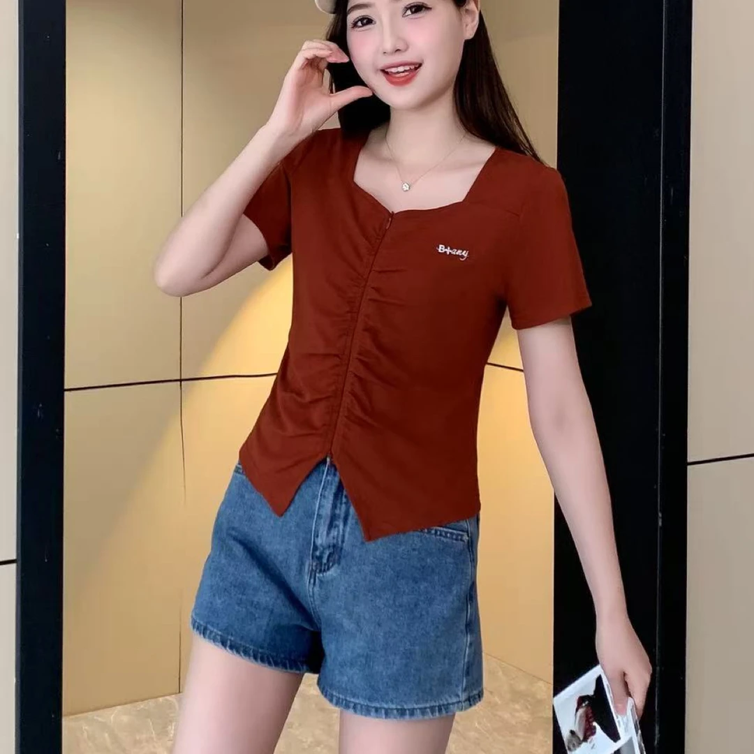 8622#【衣长53】静奢风褶皱V领方领短袖T恤小众短款夏季地雷系