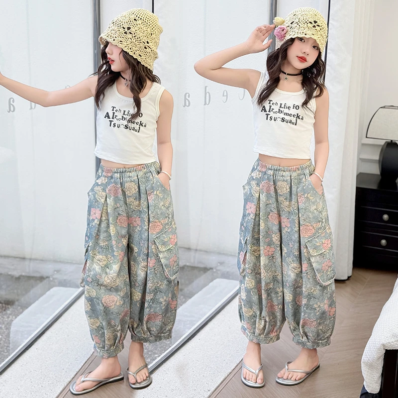 童装女童夏季洋气舒适玫瑰花灯笼裤套装6-12岁15中大童小女孩套装