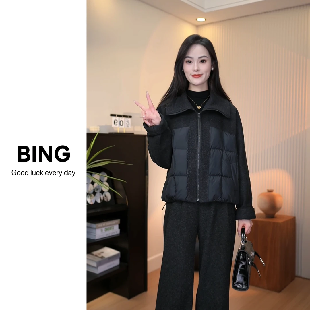 冬季新款女宽松毛呢拼接加厚棉服外套阔腿裤气质两件套潮