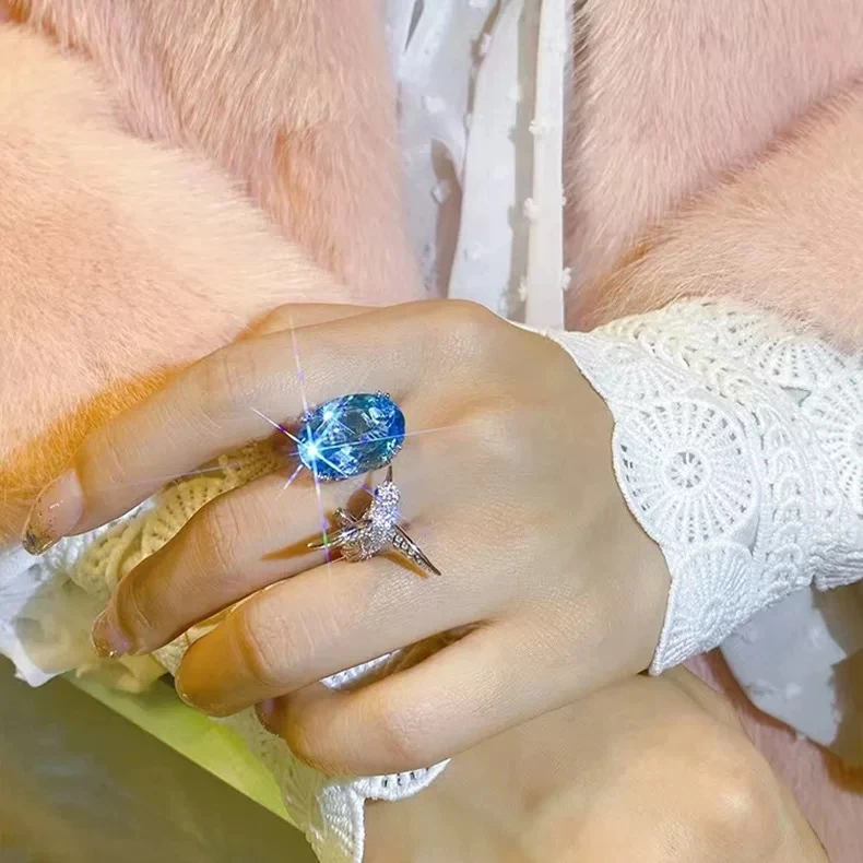 铜合金合成锆石戒指 蓝色轻奢女王梦幻椭圆形蜂鸟戒指-2758