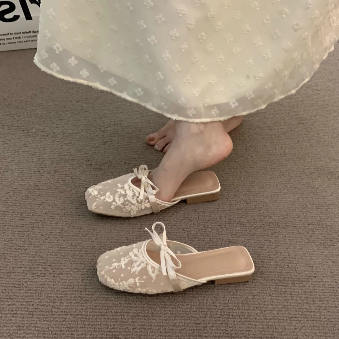 蕾丝网纱包头半拖鞋女款夏季外穿2025新款时尚温柔小跟玛丽珍凉鞋