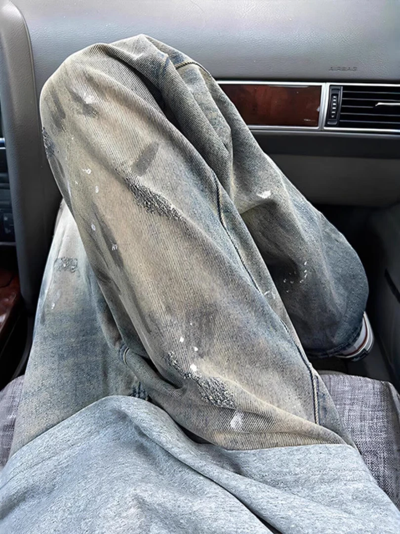 美式复古水洗泼墨扎染牛仔裤男款春夏秋宽松直筒设计感小众阔腿裤