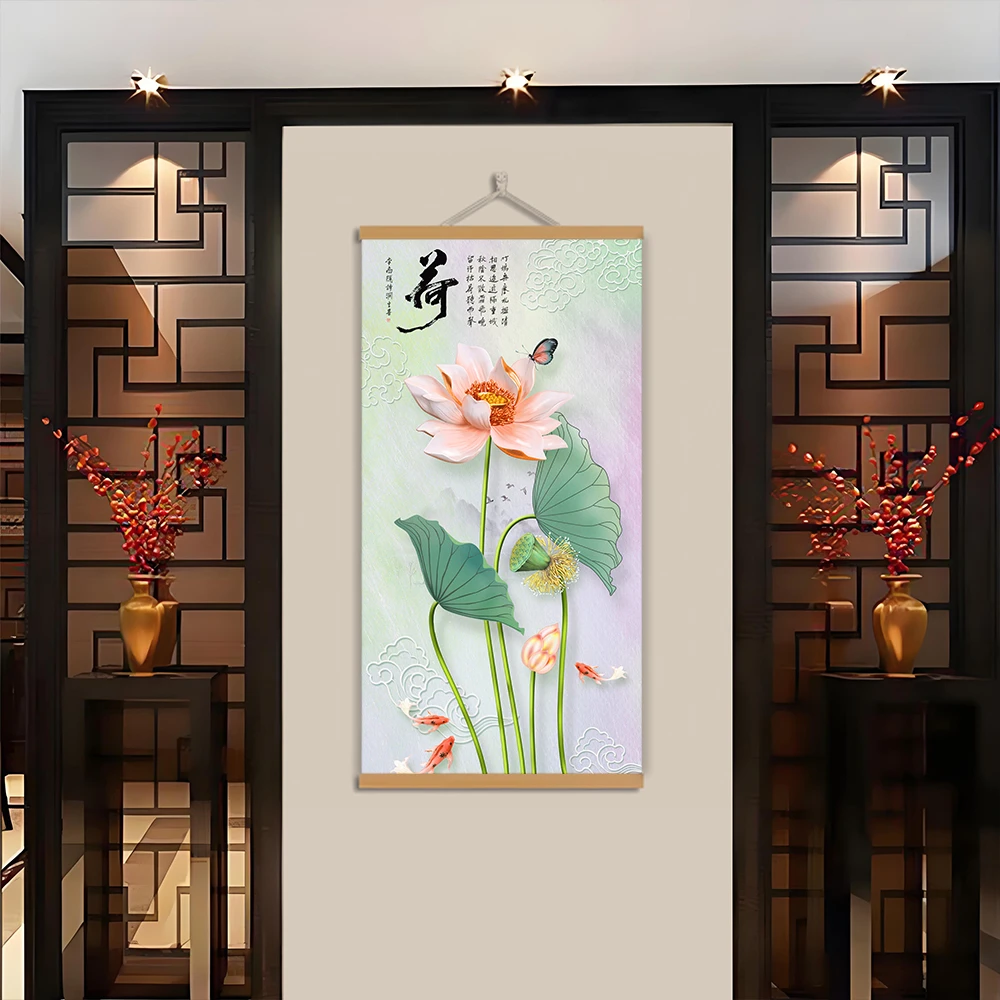 新中式荷花去秽抽象艺术背景墙壁画玄关画正对入户门装饰卷轴挂画
