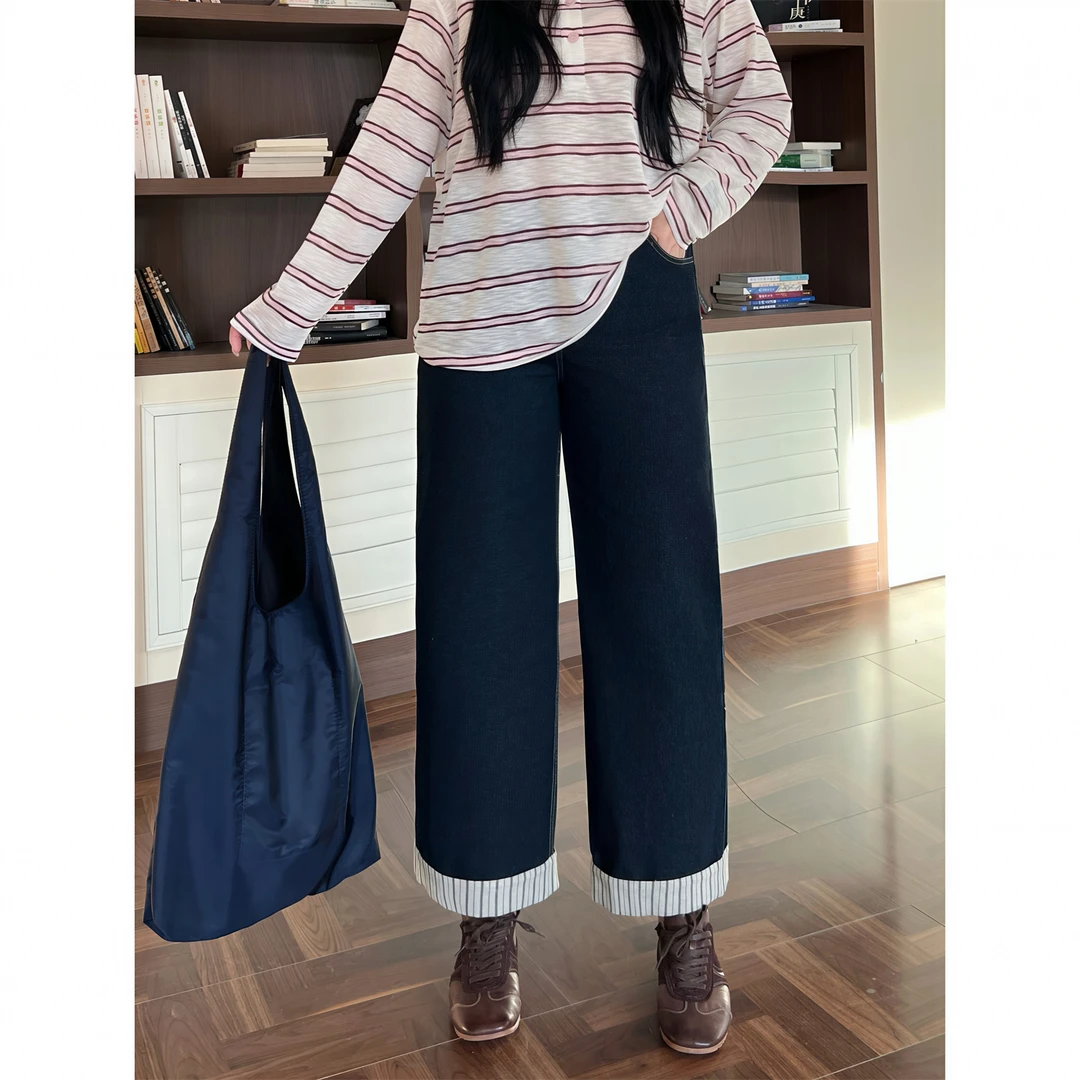 花契"旧金山雾"大码女装秋季显瘦200斤胖mm拼接条纹牛仔裤15791-F