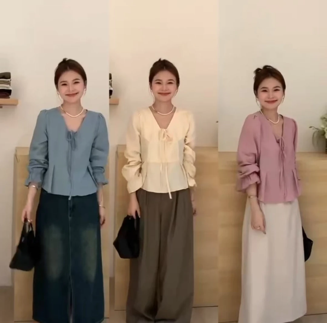 8360蓝色法式蝴蝶结长袖衬衫女小个子设计感小众上衣独特漂亮小衫