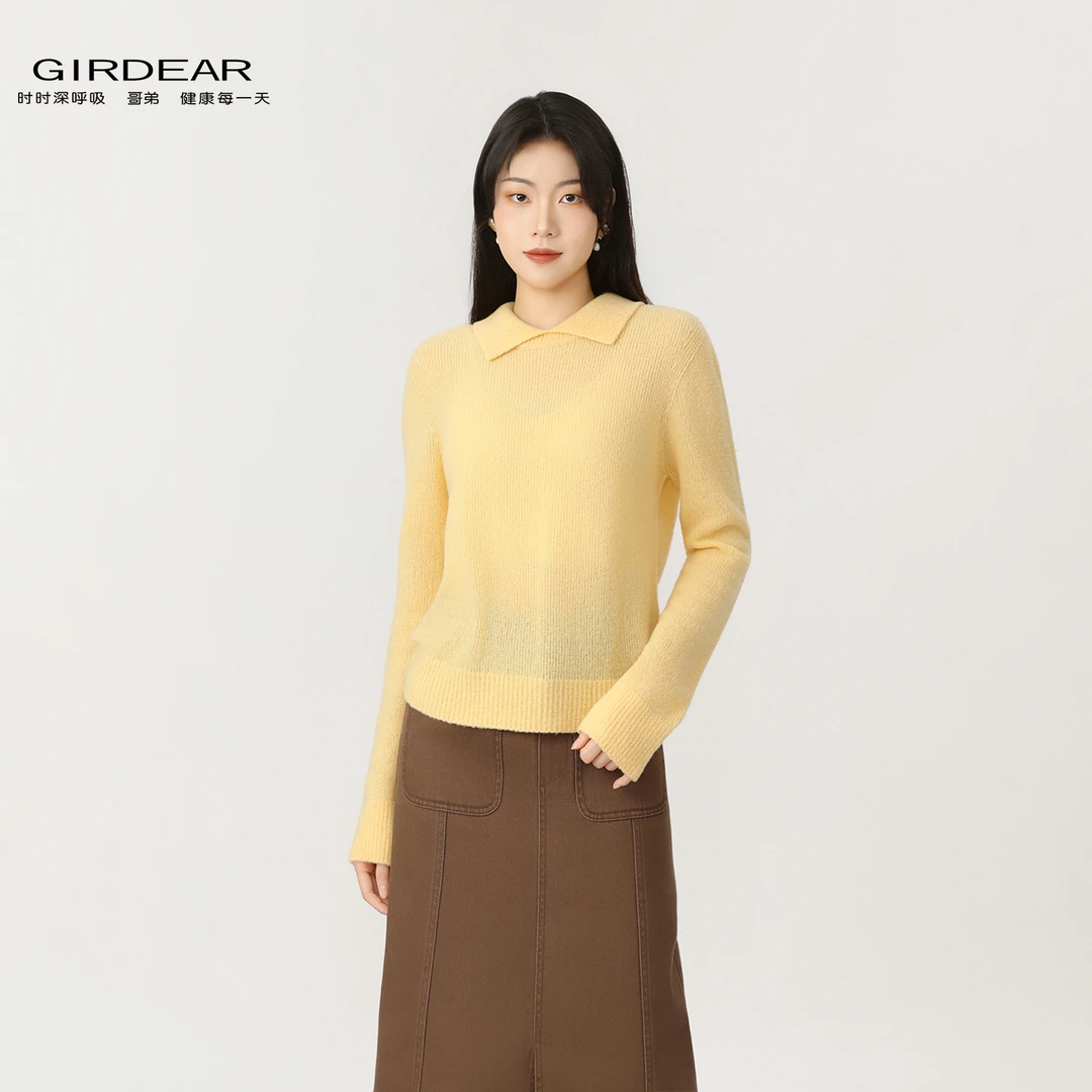GIRDEAR/哥弟秋季琥珀流光绵羊毛休闲时尚翻领套头针织衫女138072