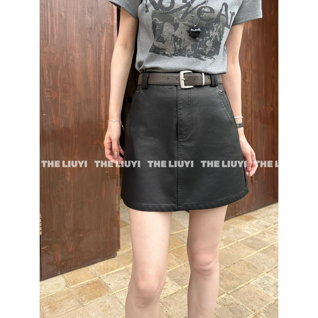 【LIUYI】复古A字高腰显瘦皮短裙5812A2