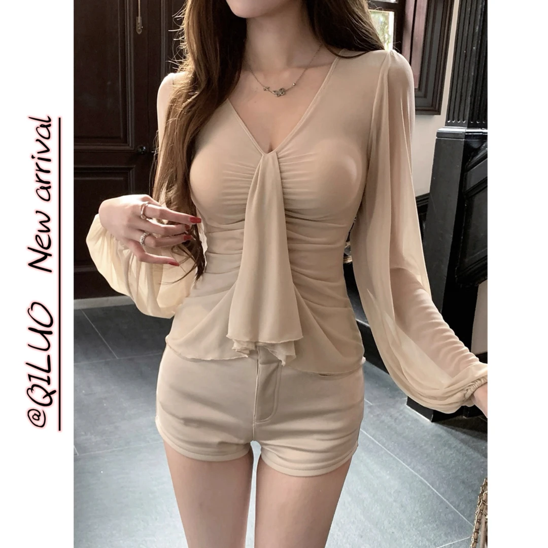 【雾色撩人】温柔纯欲氛围感修身褶皱v领弹力长袖T恤纯欲上衣1882#