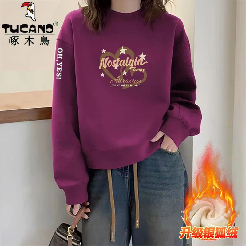 啄木鸟纯棉加绒加厚圆领卫衣女秋冬季保暖百搭减龄休闲气质上衣服