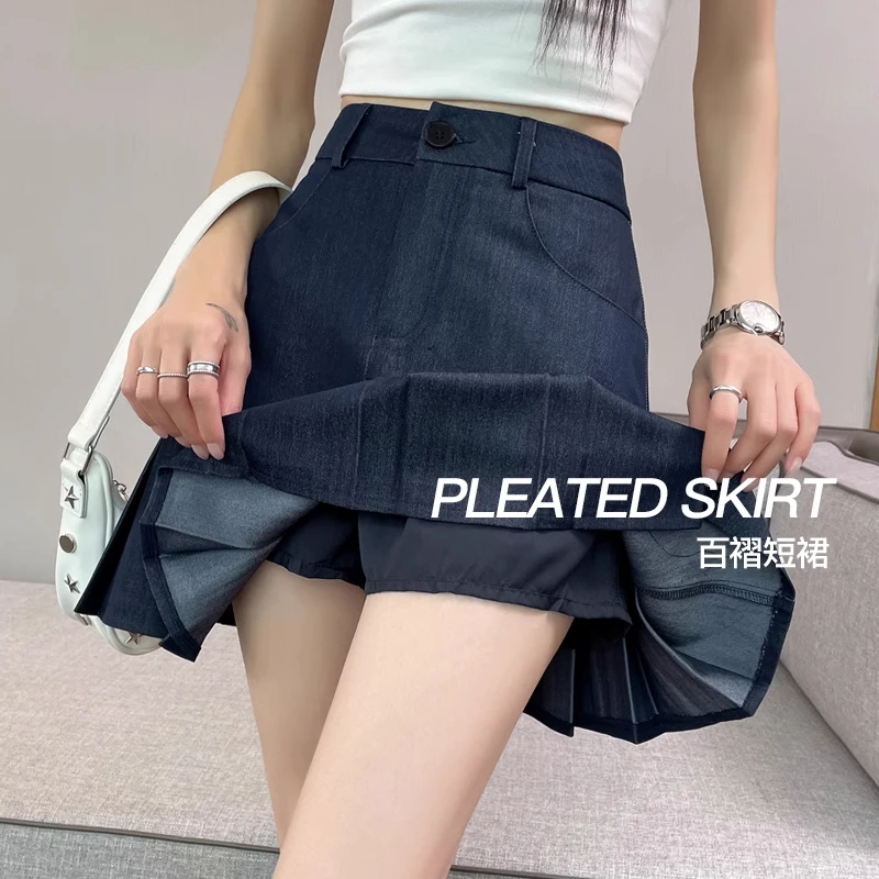 丹宁蓝牛仔半身裙女春夏季2025新款高腰a字薄款防走光百褶短裙子
