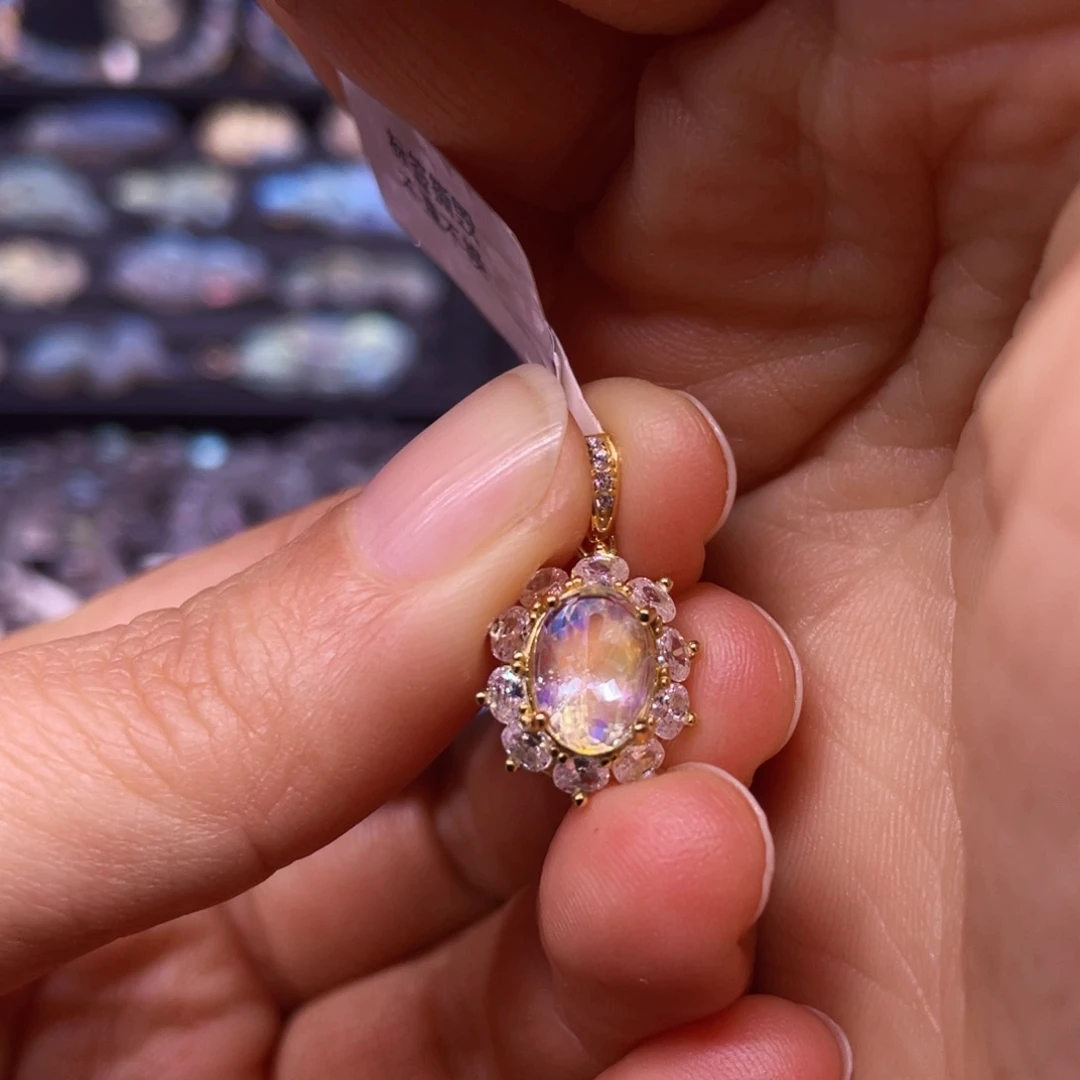 吊坠(不含链)银S925镀金镶嵌长石吊坠