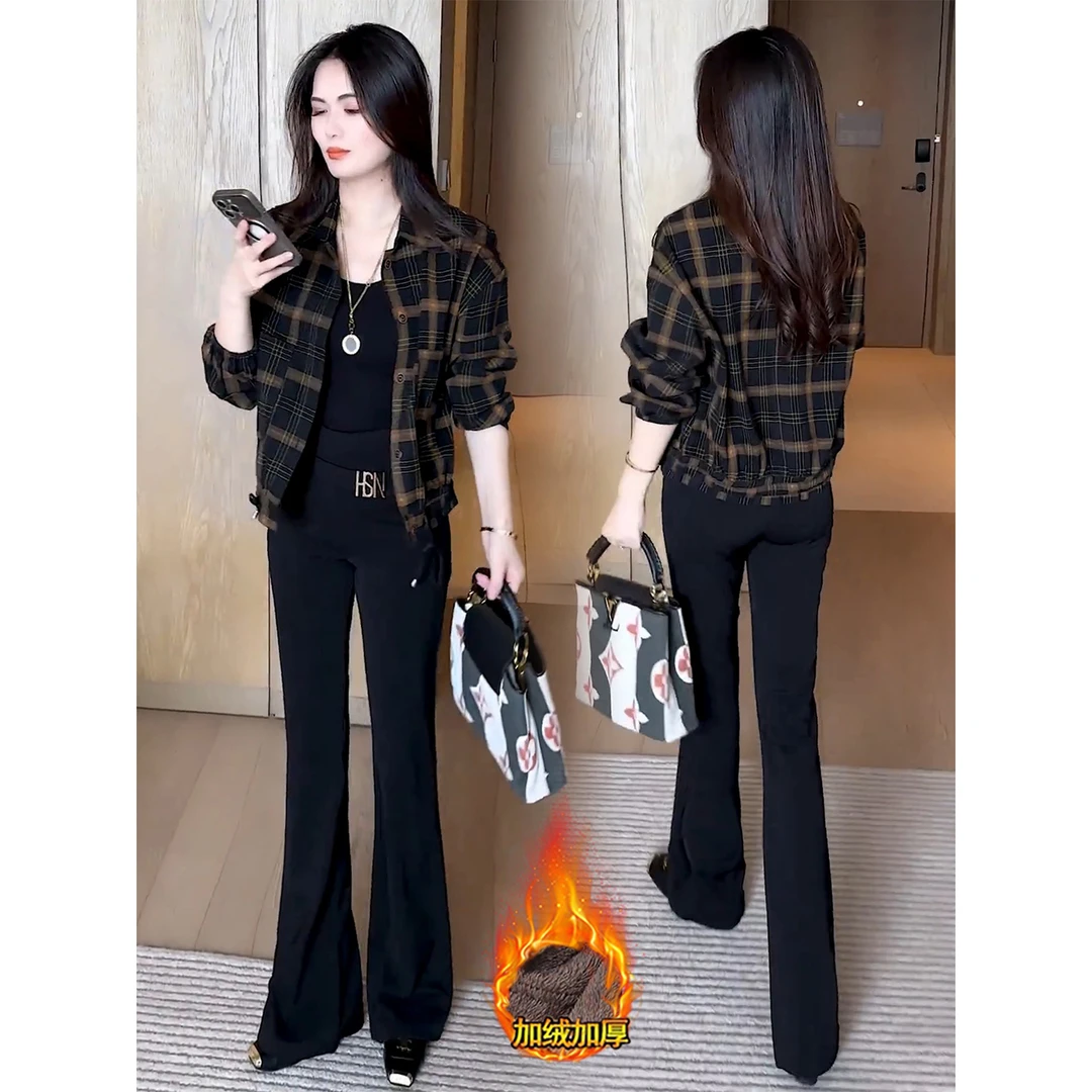 拉夏贝尔时尚格子短款外套女2025秋冬季宽松显瘦休闲加绒夹克上衣