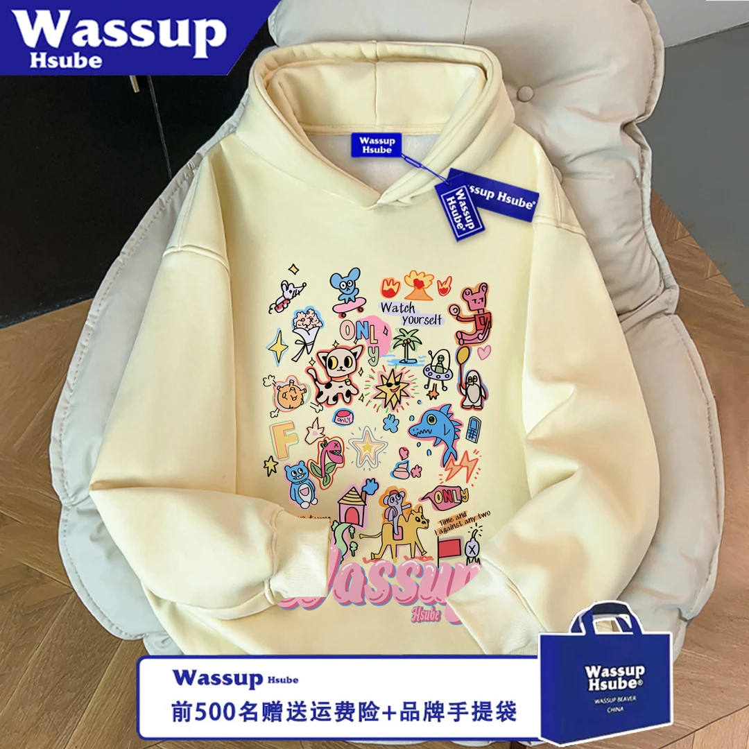 WASSUP HSUBE宽松秋冬季卡通贴纸卫衣男女情侣连帽无口袋休闲上衣