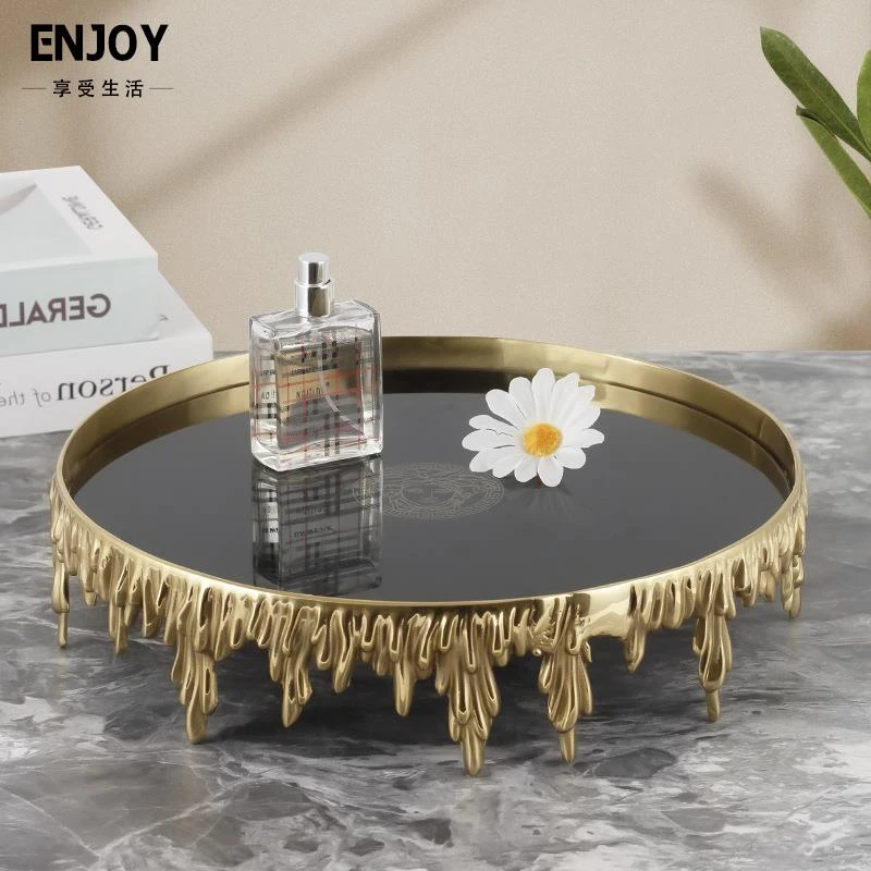 全铜圆形托盘高档欧式轻奢复古黄铜收纳盘果盘家用茶几玄关装饰盘