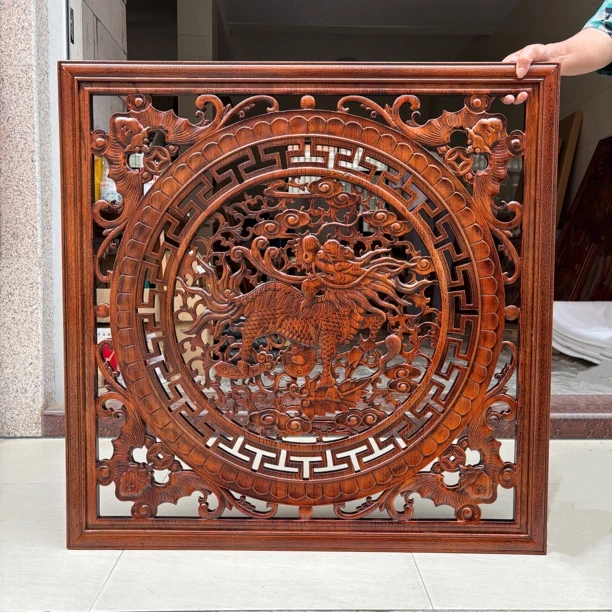 东阳木雕正方形麒麟献瑞挂件香樟木实木挂画客厅玄关中堂中式壁挂