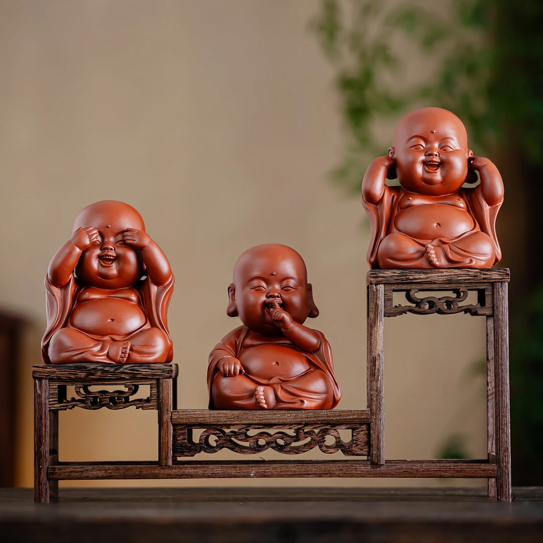 紫砂三不弥勒佛摆件笑佛禅意可爱茶桌茶玩装饰家居书房桌面摆设品