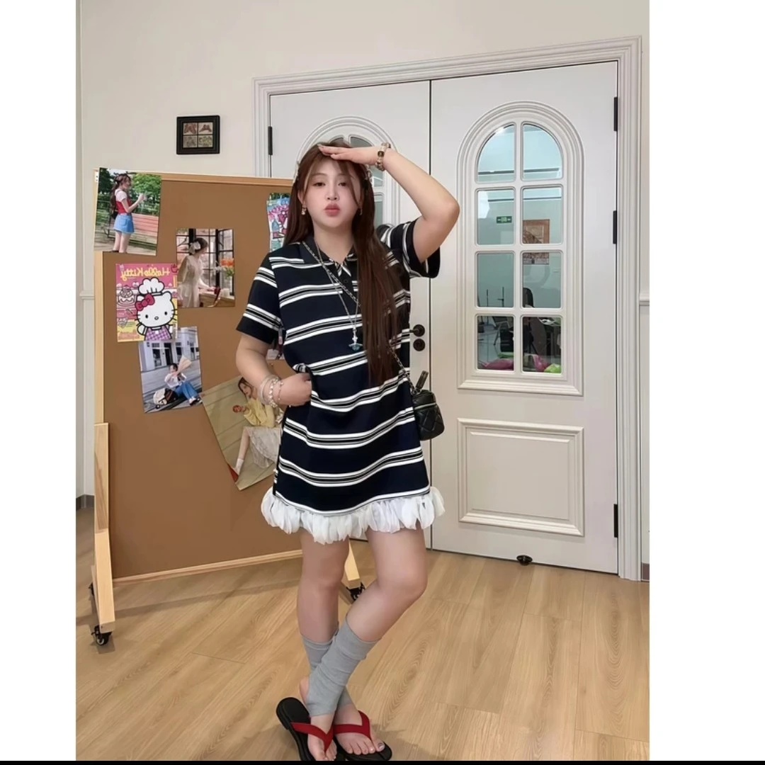 夏季时尚休闲拼接蕾丝边撞色翻领条纹短袖连衣裙大码百搭