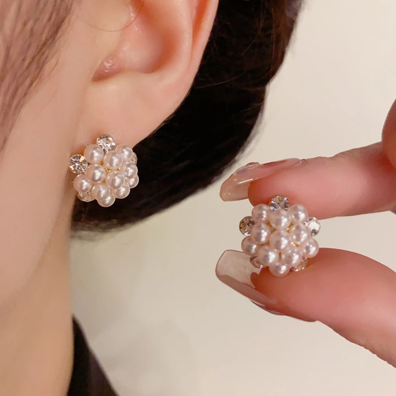 铜合金仿珍珠耳饰 【HD】时尚气质简约百搭小巧镶钻珍珠球球耳钉