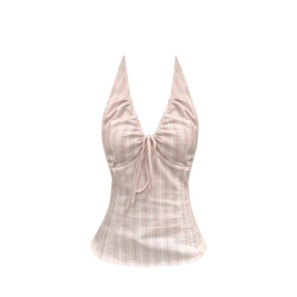 粉色v领挂脖吊带背心女夏季修身显瘦绑带无袖外穿内搭辣妹小上衣