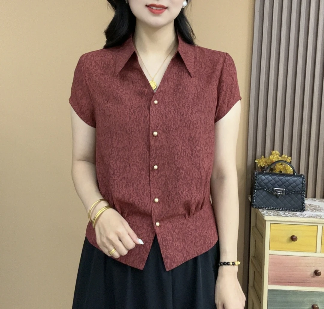 2025夏季衬衫领短袖V领气质百搭显瘦开衫扣子上衣中式小衫602