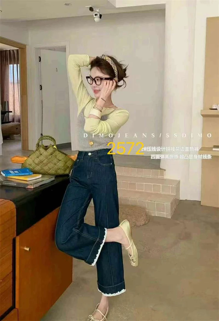 【韩衣舍】拼接花边高腰显瘦直筒牛仔裤宽松阔腿设计百搭九分裤