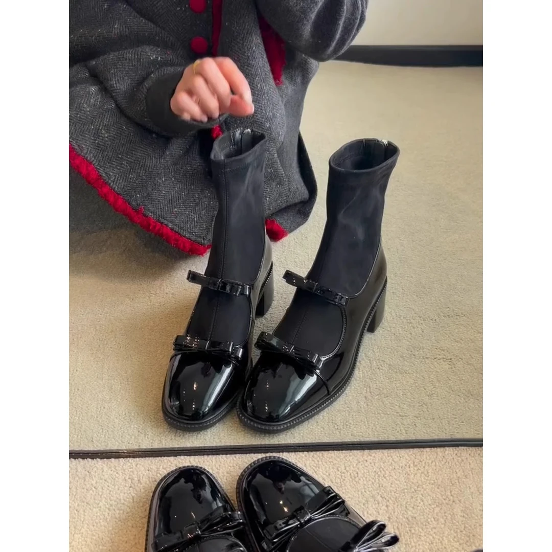 游今希~小香风蝴蝶结弹力瘦瘦靴粗跟短筒靴女显瘦后拉链高跟袜靴