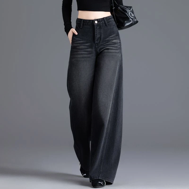 黑色加绒牛仔裤女2025新款冬季好看百搭裤子高腰直筒裤美式阔腿裤