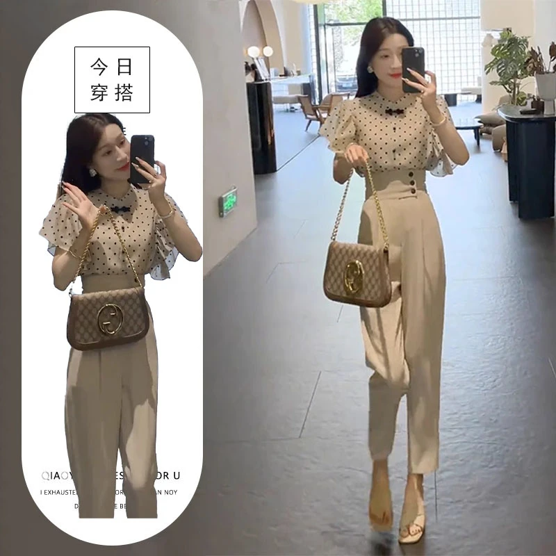 夏装搭配一整套2025新款干练气质荷叶边雪纺衬衫休闲西装裤两件套