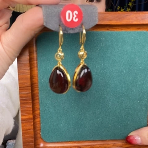 血珀耳饰银S925镶嵌耳吊