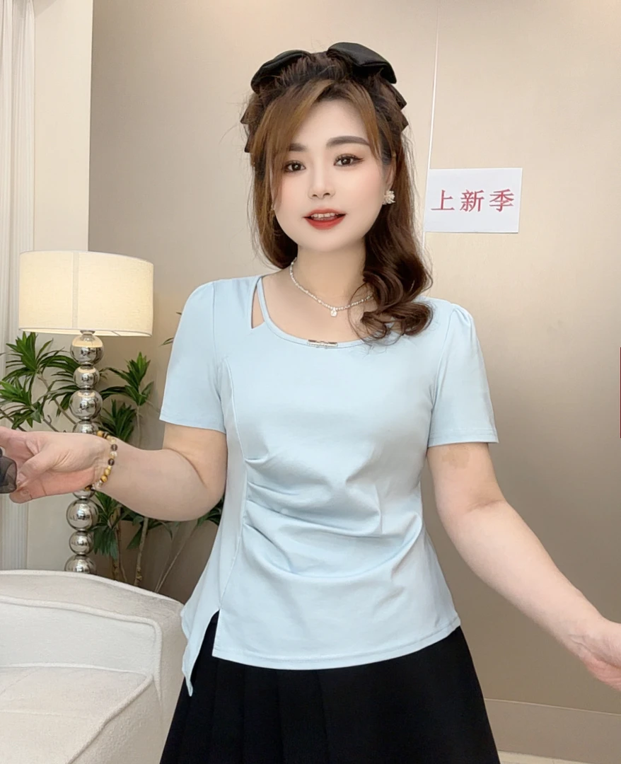 胖mm大码女装时尚显瘦不规则镂空收腰圆领夏季新款短袖T恤小众