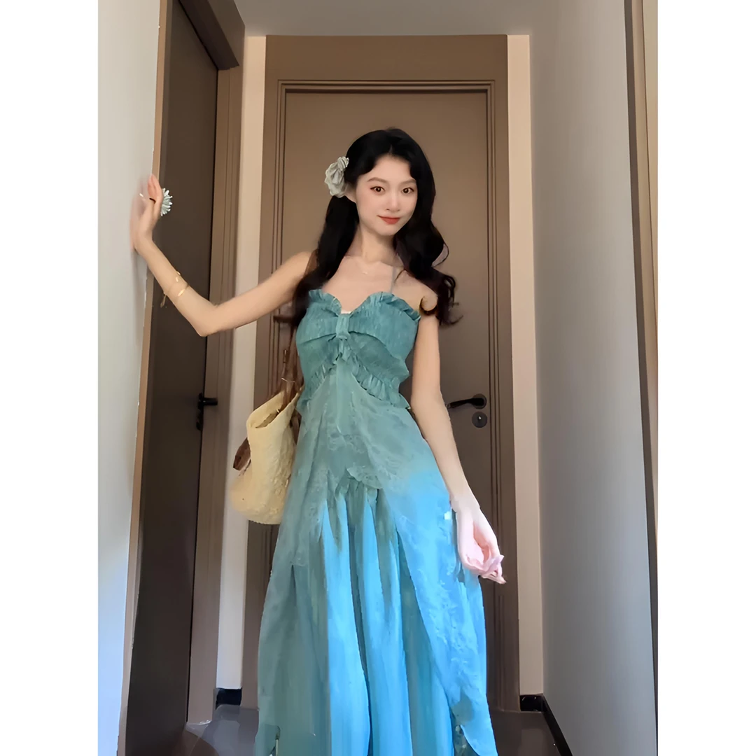 纯欲少女夏季度假风叠穿薄荷绿不规则蕾丝拼接吊带女直筒阔腿裤子