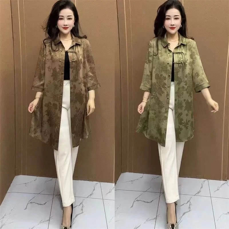 哥弟阿玛施正品2024新中式开衫翻领外套女妈妈装洋气大方夏季中长