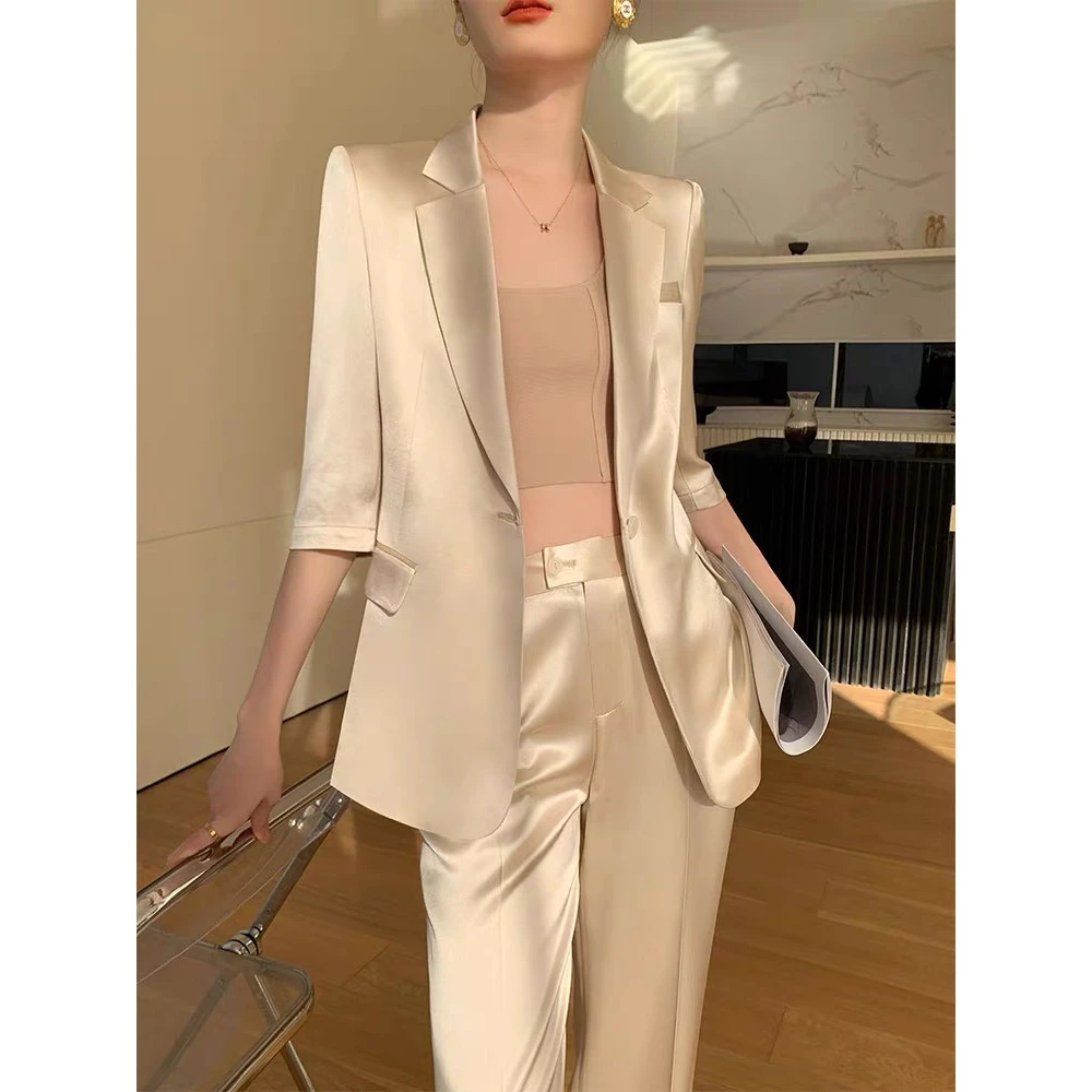 【6926套装-YR】香槟色职业西装气质高级感2024春夏缎面西服套装