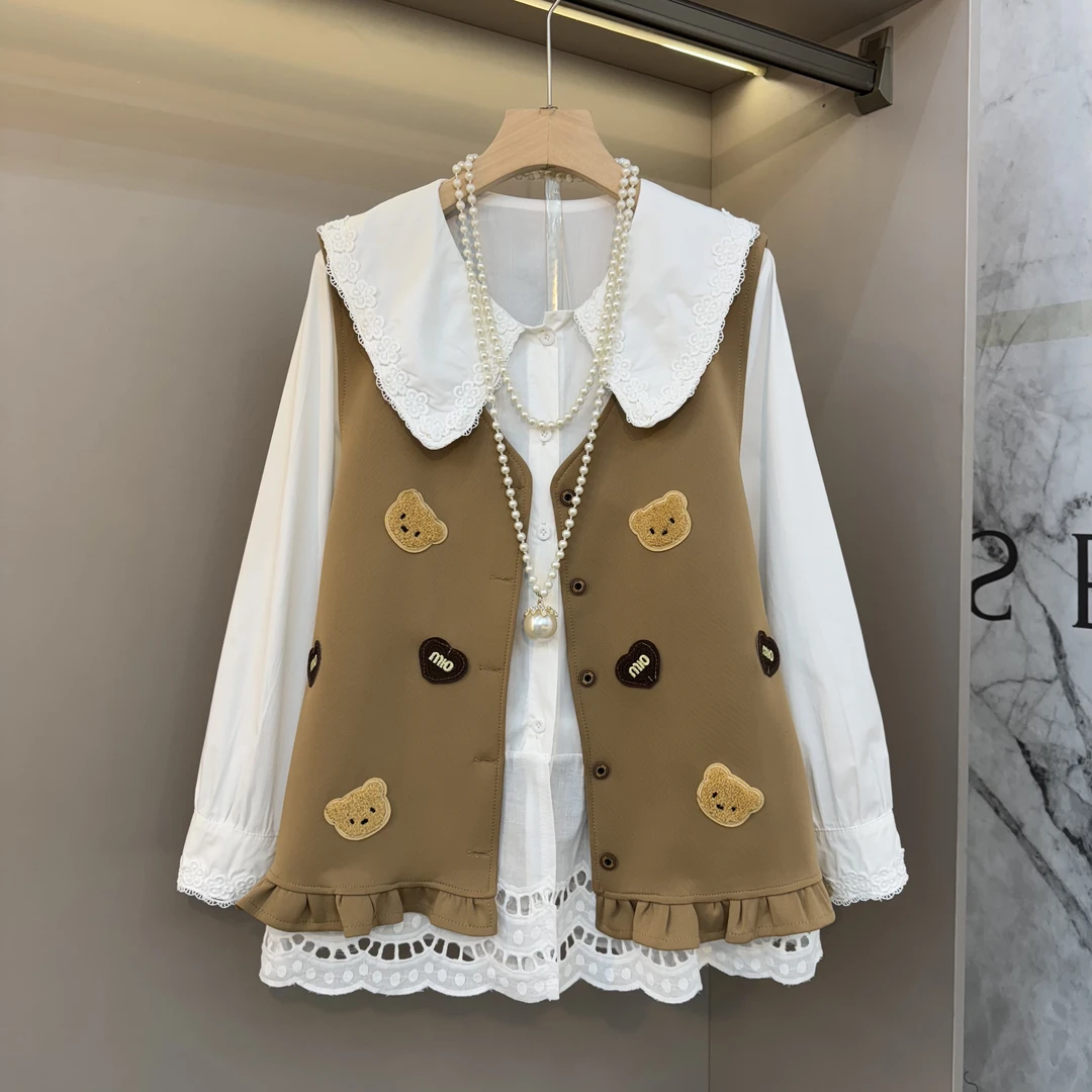 春季宽松卡通图案装饰马甲娃娃领设计衬衫胖妹妹韩版减龄休闲套装