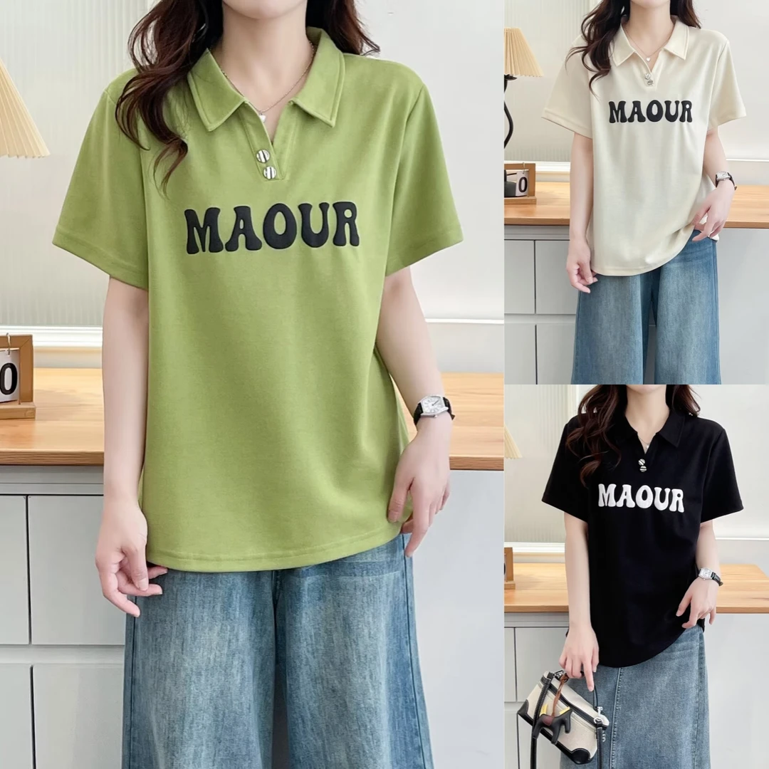 学院风印花polo领微胖mm宽松大板型大码女装加宽加大短袖t恤衫夏
