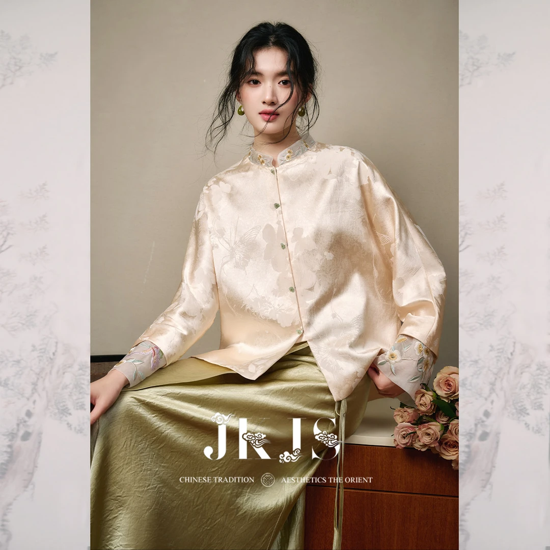 JKJS【春日蝶序】人丝缎感提花 真丝袖口绣花 新中式外套盘扣上衣