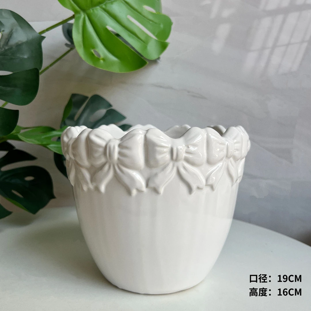蝴蝶结花边口19高16绿植玫瑰月季花百搭轻奢风白色陶瓷花盆