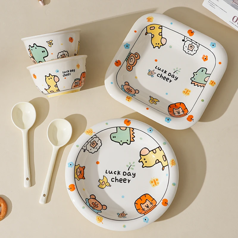 【6件套】奶油卡通风动物王国两人食汤碗米饭碗深盘套装餐具碗勺