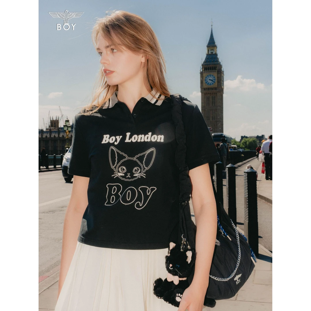 BOY LONDON夏季女款短袖简约小猫LOGO潮牌时尚朋克休闲T恤W01365